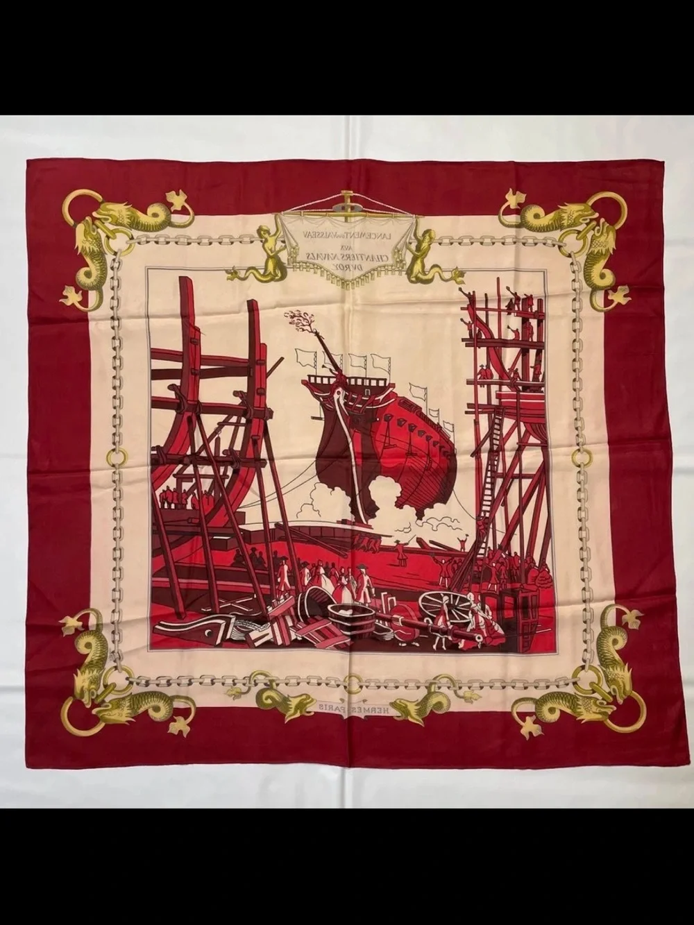 Hermes Red Pink Gold Silk Scarf with Nautical Chain and Dragon Motif